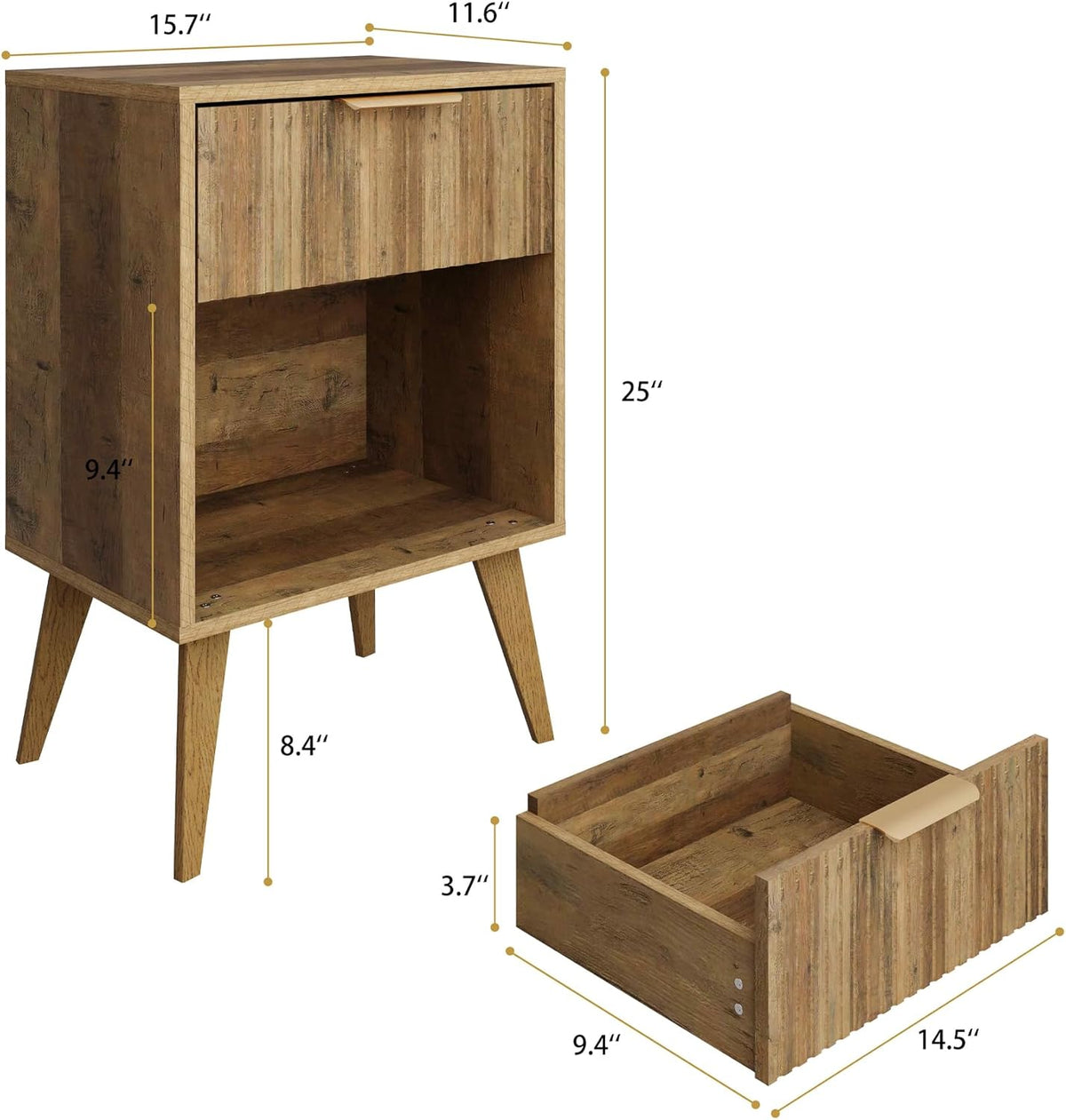 Fluted Night Stand with Opening Storage,Mid Century Bedside Table with Drawer,Wood Nightstand with