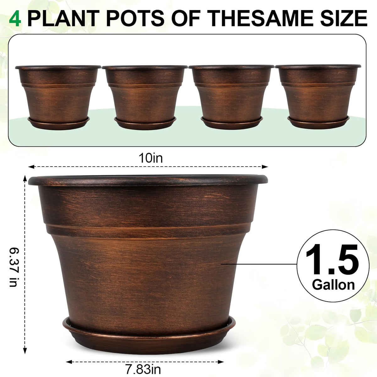 10 Inch Planters Plant Pots Indoor Outdoor, 4 Pack Plastic Flower Pot for Indoor Plants with