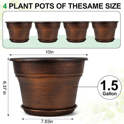 10 Inch Planters Plant Pots Indoor Outdoor, 4 Pack Plastic Flower Pot for Indoor Plants with