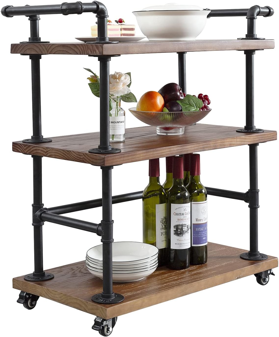 Industrial Pipe Bar Carts/Serving Carts/Kitchen Carts/Wine Rack Carts on Wheels with Shelves - Wood