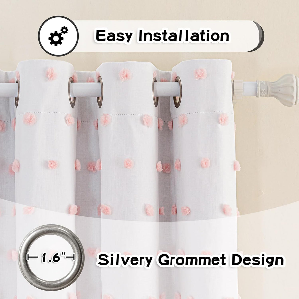 MYSKY HOME Pink Pom Pom Blackout Curtains for Girls Bedroom 54 Inch Long 100% Blackout Curtains for