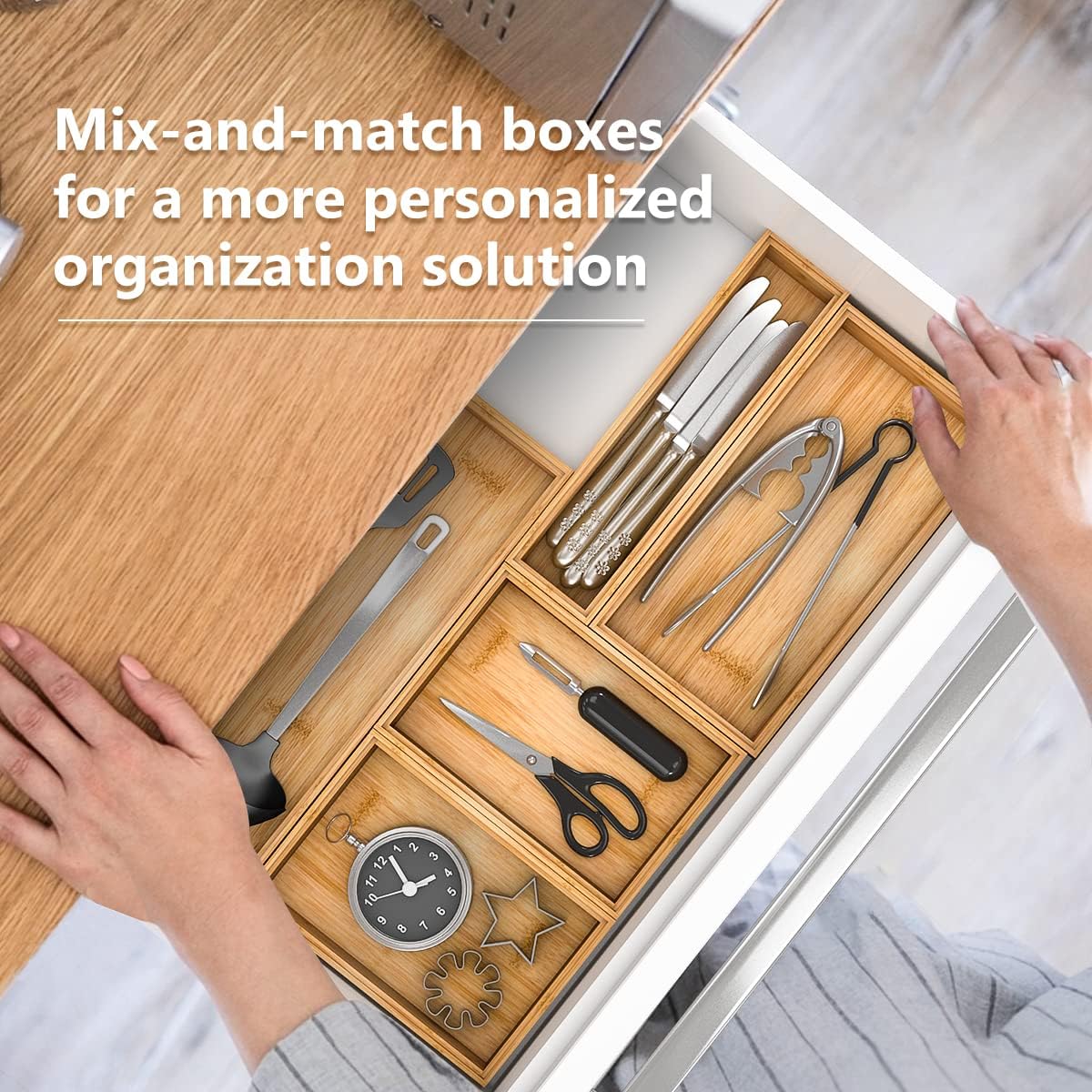 Bamboo Kitchen Drawer Organizer,Stackable Silverware Tray Utensil Organizer Cutlery Holder for