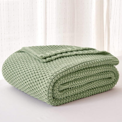 Chunky Cable Knit Throw Blanket Lightweight Light Green 100% Organic Cotton Blanket for Sofa Couch
