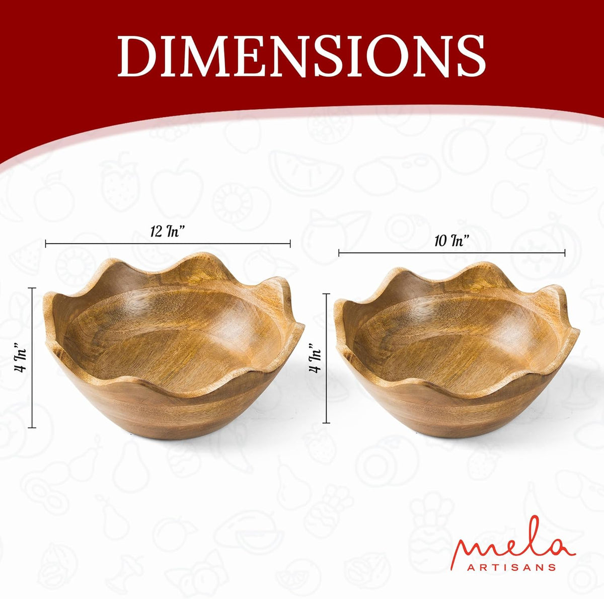 Mela Artisans Wooden Scalloped Bowl - Set of 2, Large & Medium |Mango Wood Natural Grain Finish |