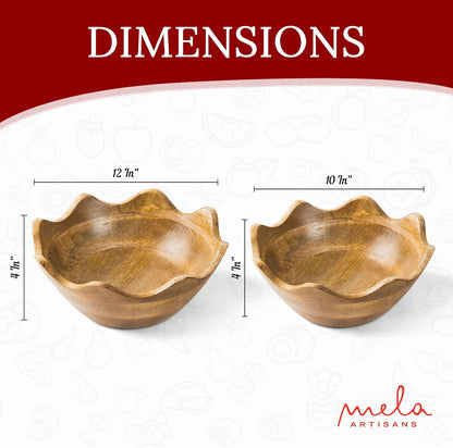 Mela Artisans Wooden Scalloped Bowl - Set of 2, Large & Medium |Mango Wood Natural Grain Finish |