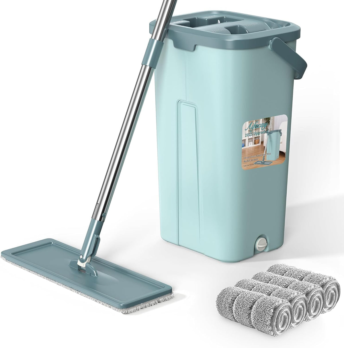 Aifacay Mop and Bucket with Wringer Set, Flat Wall Mop and Bucket Set with 4 Reusable Microfiber