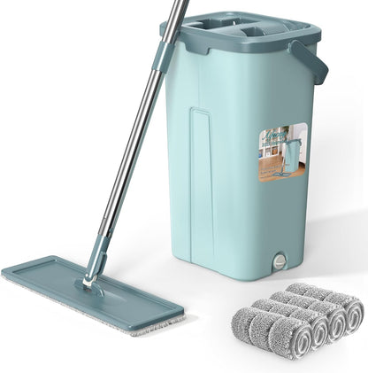 Aifacay Mop and Bucket with Wringer Set, Flat Wall Mop and Bucket Set with 4 Reusable Microfiber