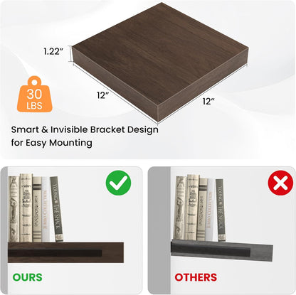Square Floating Shelves for Wall, 12" W x 12" D x 1.2" H, Small Wooden Wall Mounted Display Shelves