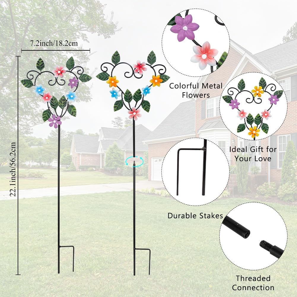 Metal Flowers Decorative Garden Stakes, 22.1 ''H Heart Shape Metal Flowers for Outside Yard Art