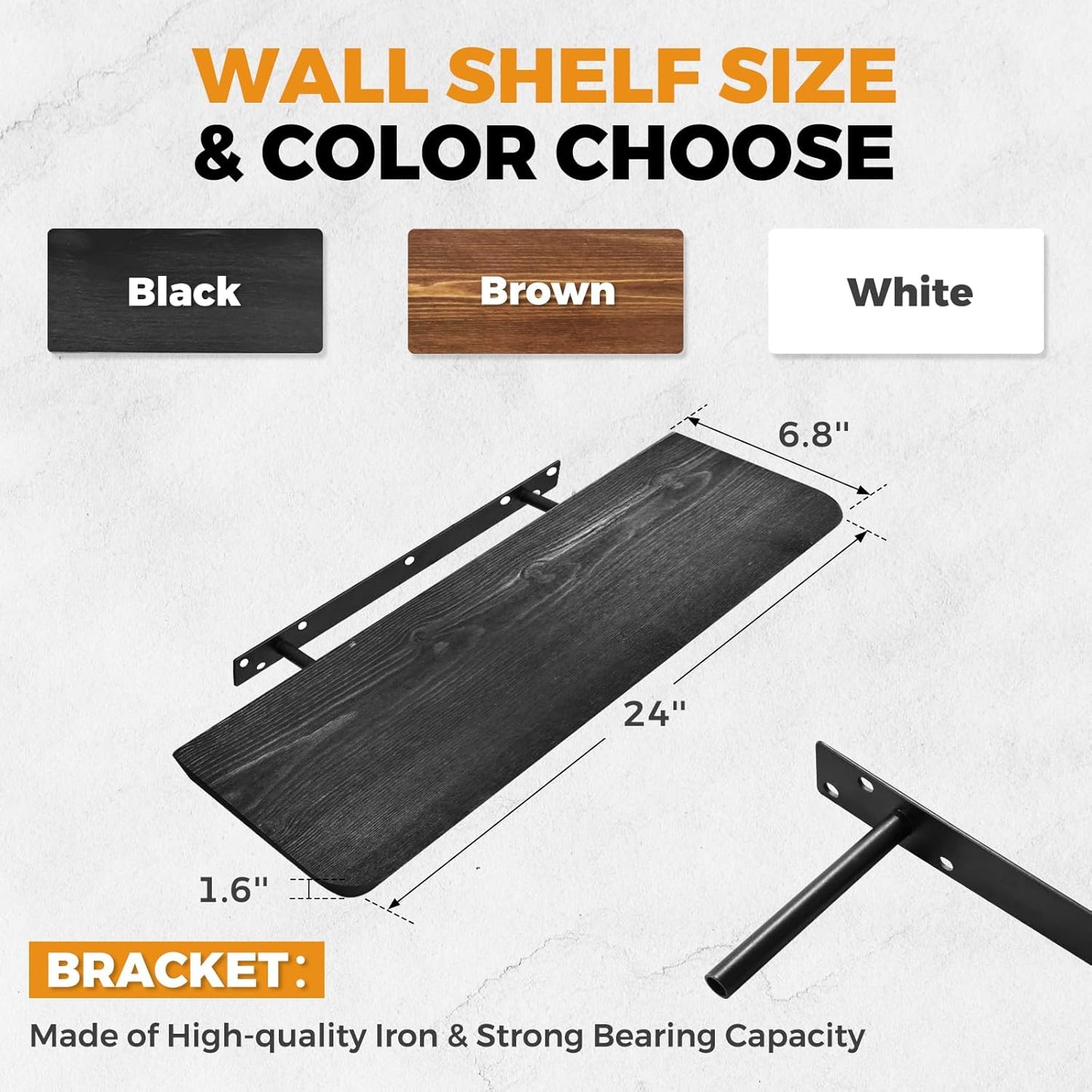 24"x6.8"x1.6" Slanted Floating Wall Shelves 2-Pack - Rustic Black Finish, Heavy-Duty Solid Wood
