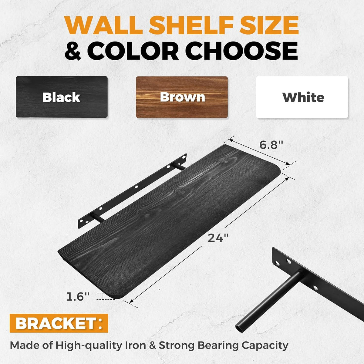 24"x6.8"x1.6" Slanted Floating Wall Shelves 2-Pack - Rustic Black Finish, Heavy-Duty Solid Wood