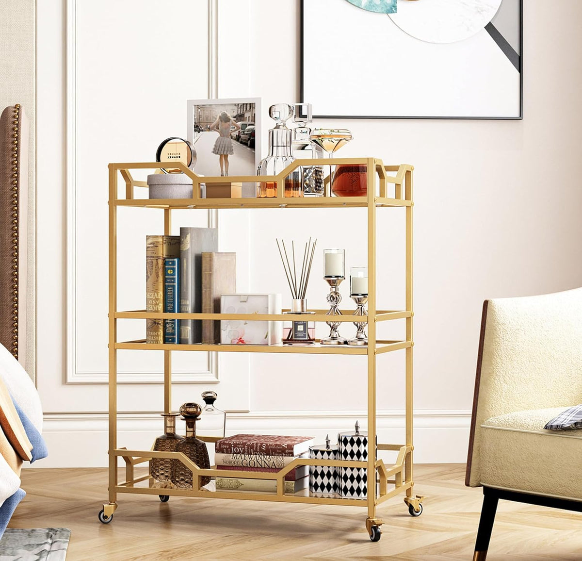 Square Gold Bar Carts with 3 Tier Storage Glass Shelves Holder Home Serving Bar Carts on Wheels for