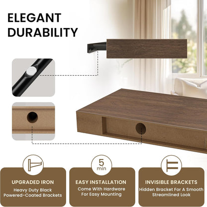 Floating Shelves for Wall, 24" W x 6.7" D x 1.5" H, Wooden Wall Mounted Display Shelves with
