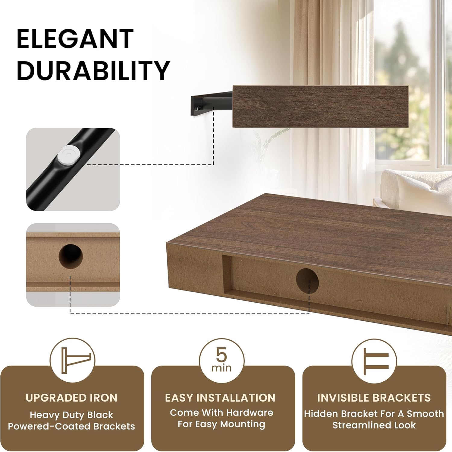 Floating Shelves for Wall, 72"W x 9.3"D x 1.5"H, Long Wooden Wall Mounted Display Shelves with