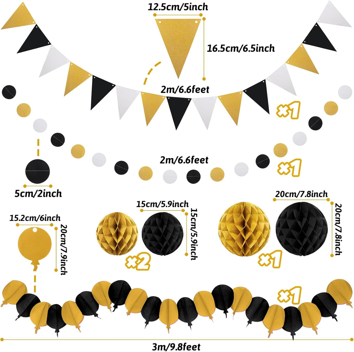 Black Gold Party Decorations, New Years Eve Party Supplies Easy Assembly Paper Fan Honeycomb Ball