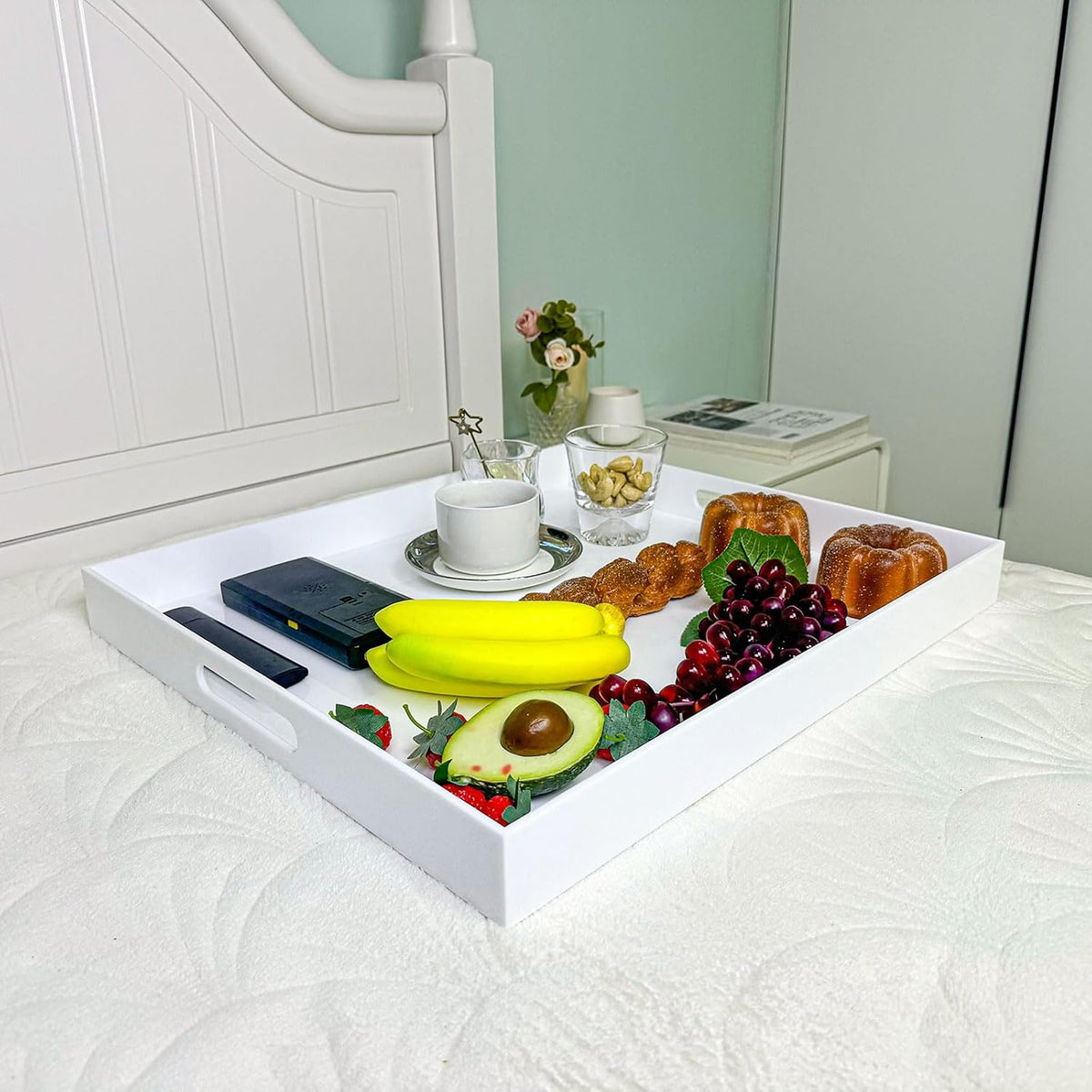 White Rectangular 18x20 Inches Acrylic Ottoman Tray Decorative Serving Tray with Cutout Handles