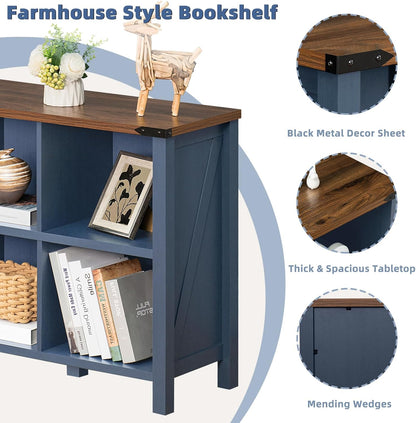 6 Cube Bookcase, Farmhouse Wood Low Storage Organizer Book Shelf, 47" Horizontal Navy Blue Console