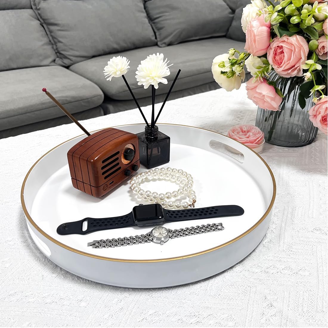 13" Round Decorative Tray, White Serving Tray with Handles, Plastic Coffee Table Tray for Ottoman