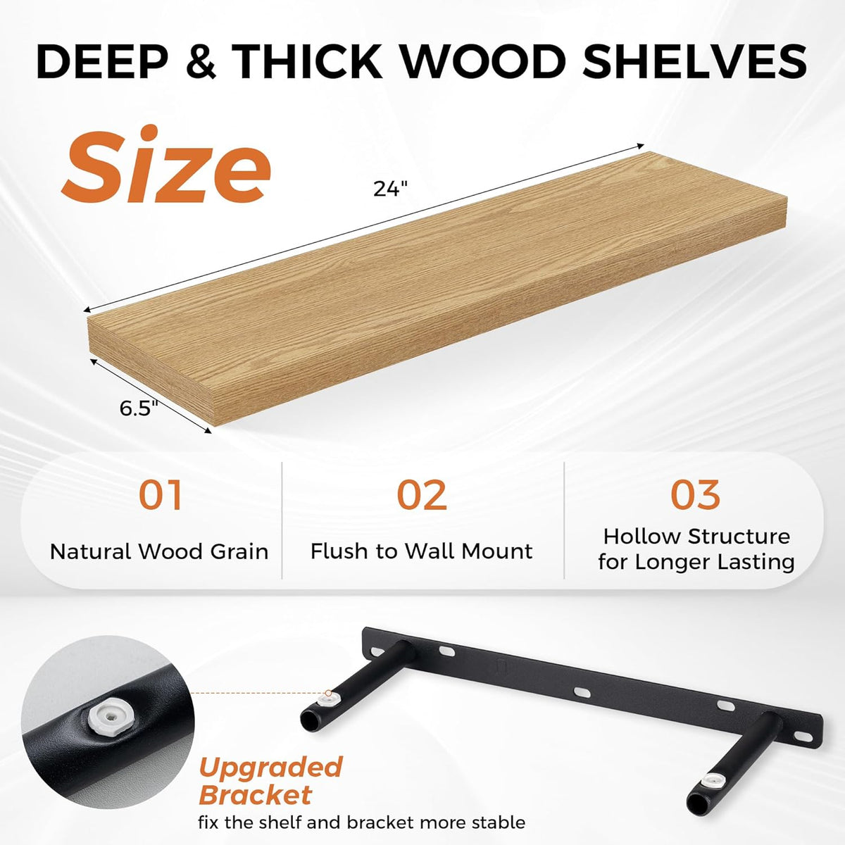 Fun Memories Floating Shelves for Wall, 24" Rustic Wood Deep Wall Mounted Shelves with Invisible