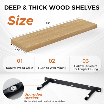 Fun Memories Floating Shelves for Wall, 24" Rustic Wood Deep Wall Mounted Shelves with Invisible