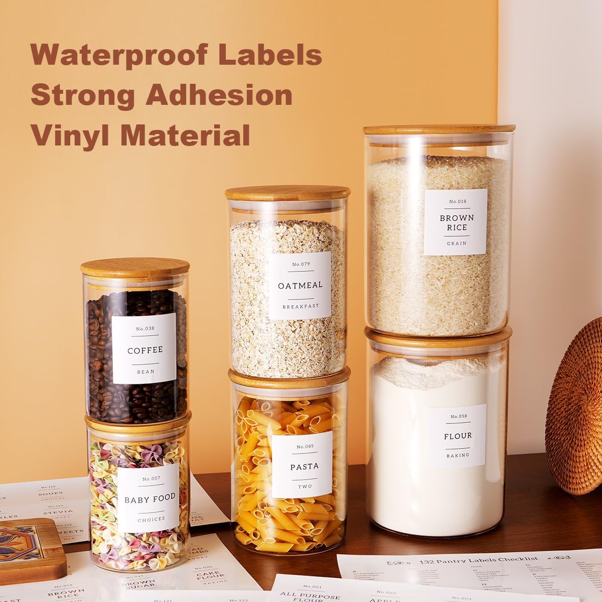 Set of 6 Glass Flour and Sugar jars with 132 Kitchen Pantry Labels - Thicken Large Glass Storage