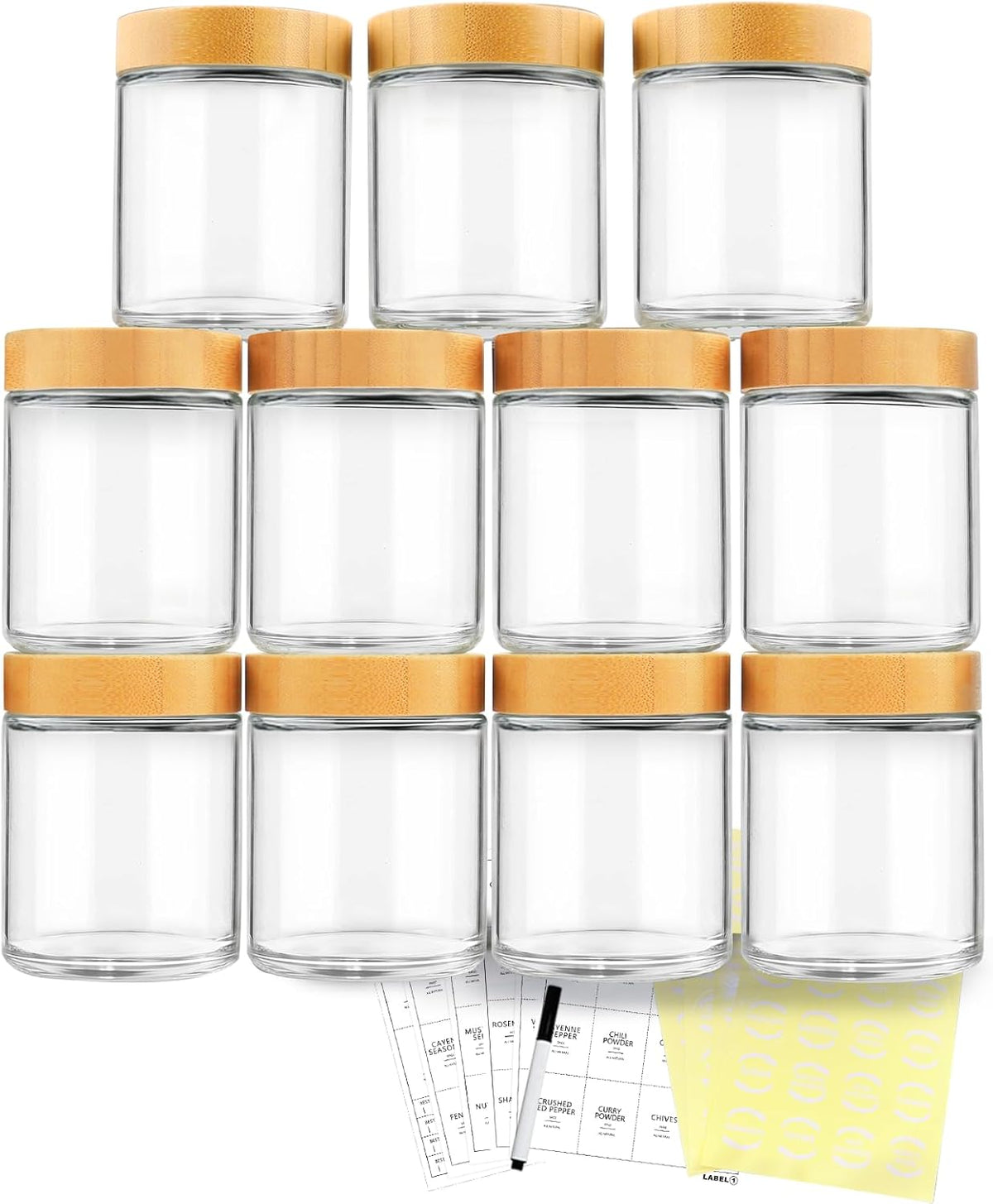 AISIPRIN Spice Jars with Label,12 Pcs 8oz Glass Jars with Bamboo Lids,Spice Organizer for