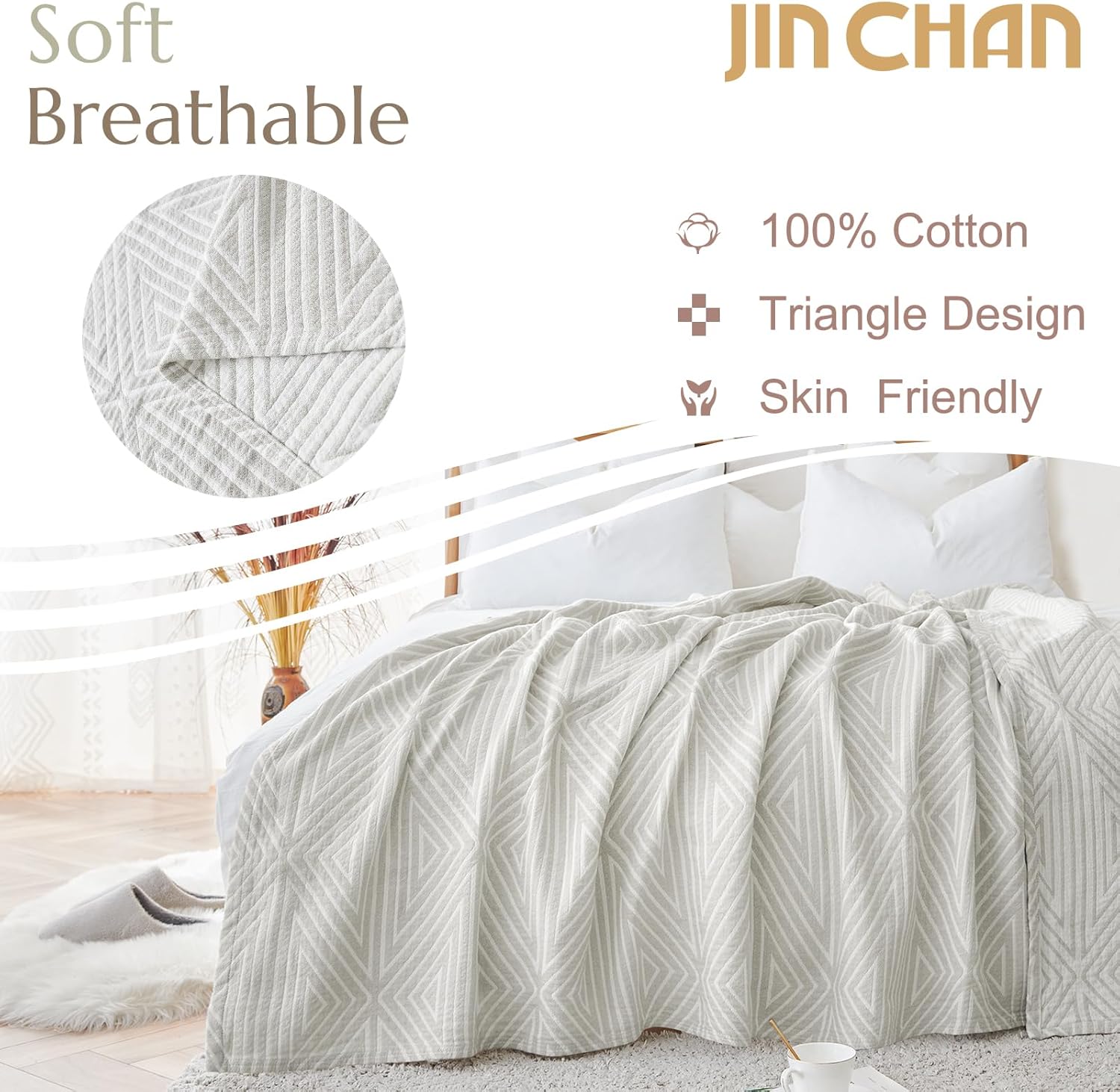 jinchan Boho 100% Cotton Blanket Muslin Twin Size 60x80 Inches Lightweight 3-Layer Geometric