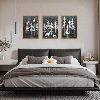 Celestdeco Modern White Forest Framed Canvas Wall Art Set, Minimalist Woodland Art Painting, Retro