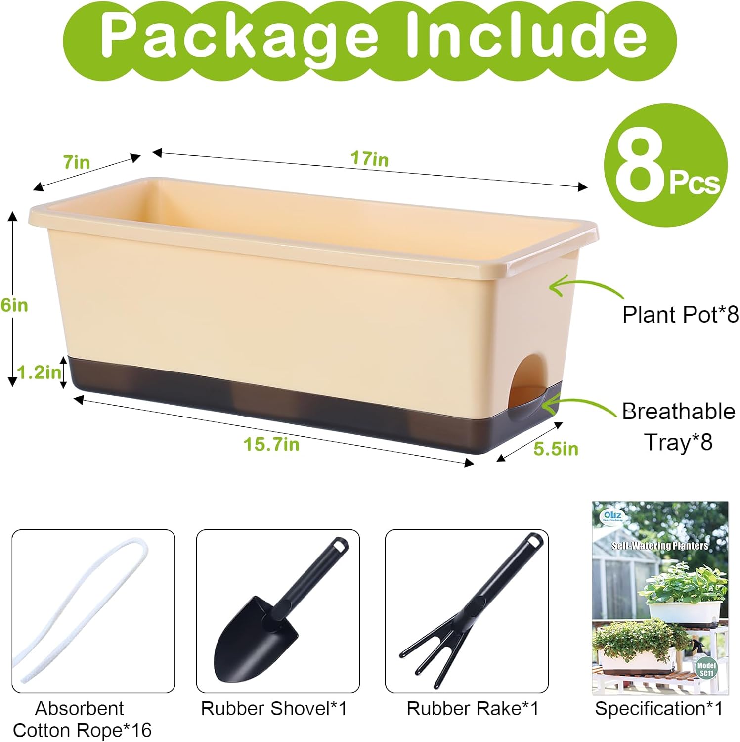 Window Box Planter 8 Pcs, 17 Inches Rectangle Flower Pots with Drainage Holes and Trays, Vegetable