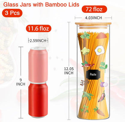 Glass Jars with Bamboo Lids, 72oz 3Pcs Kitchen Glass Containers with Bamboo Lids, Airtight Glass