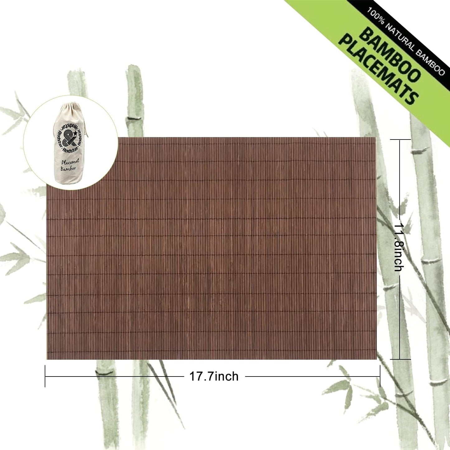 ANDSTAR Set of 12 Pcs Bamboo Placemats Natural Anti-Slip Bamboo Placemats Washable Heat-Resistant