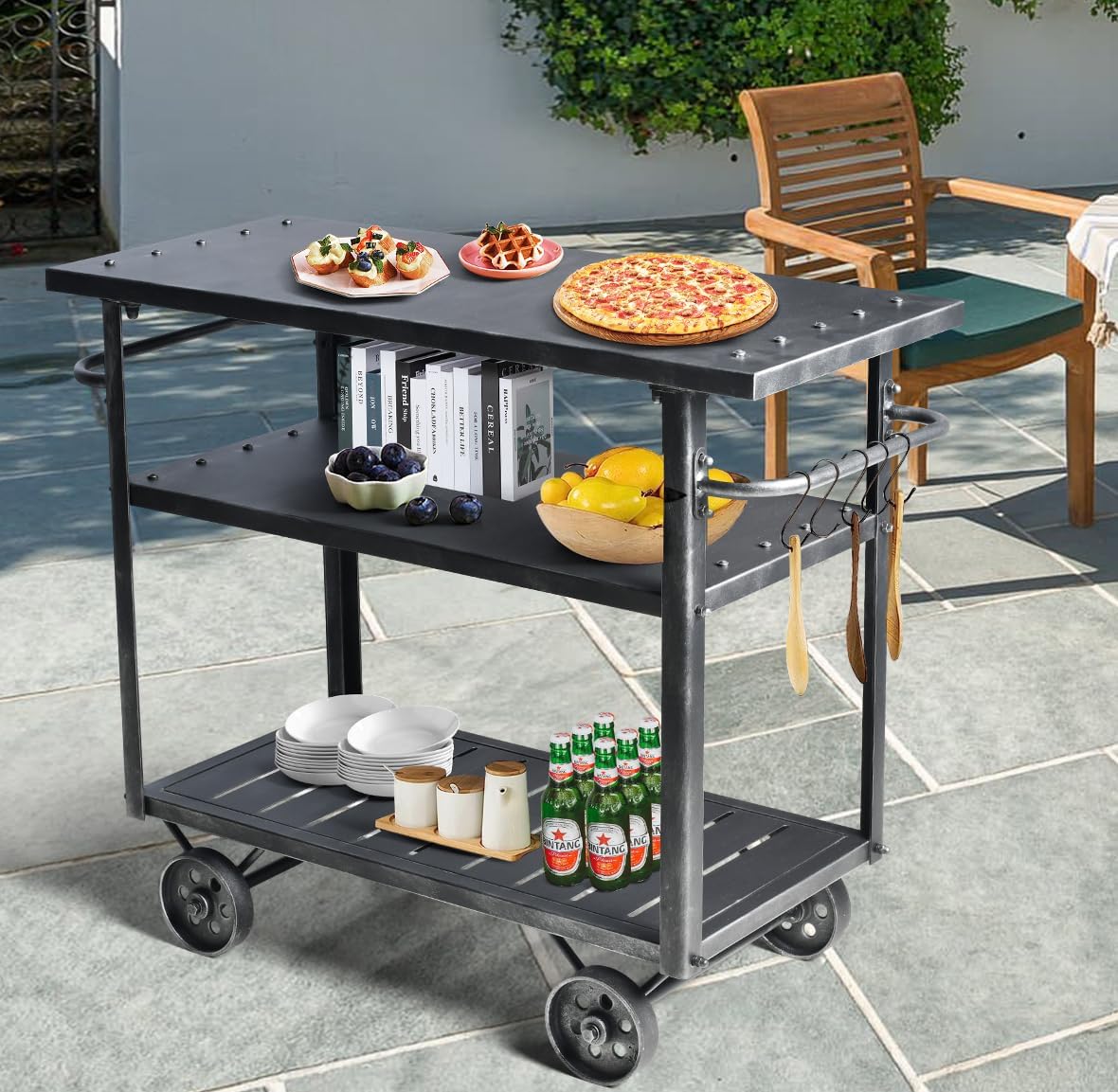 Diwhy Industrial 3 Tier Rolling Utility Storage Cart Wine Beverage, Metal Wine Rack with Wheels