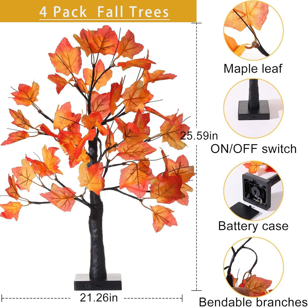4Pcs Fall Lighted Maple Tree Decor 2FT96LED USB&Battery Operated Artificial Autumn Light up Trees