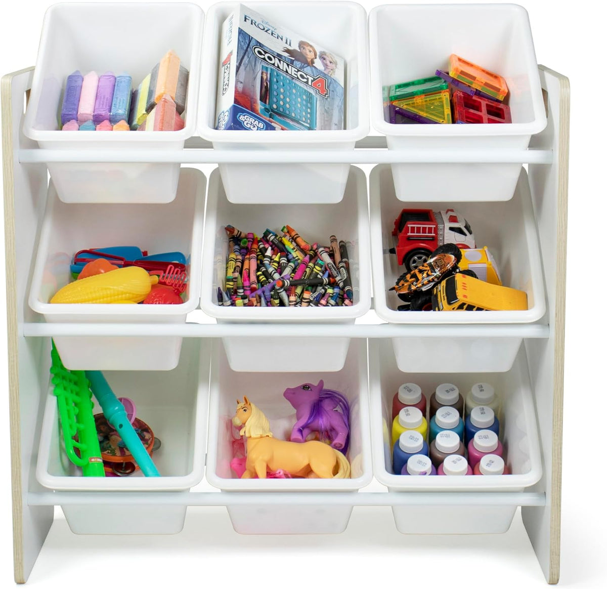 Humble Crew 9-Bin Toy Organizer – Hampton Sandwashed with White Plastic Bins, 3-Tier Storage