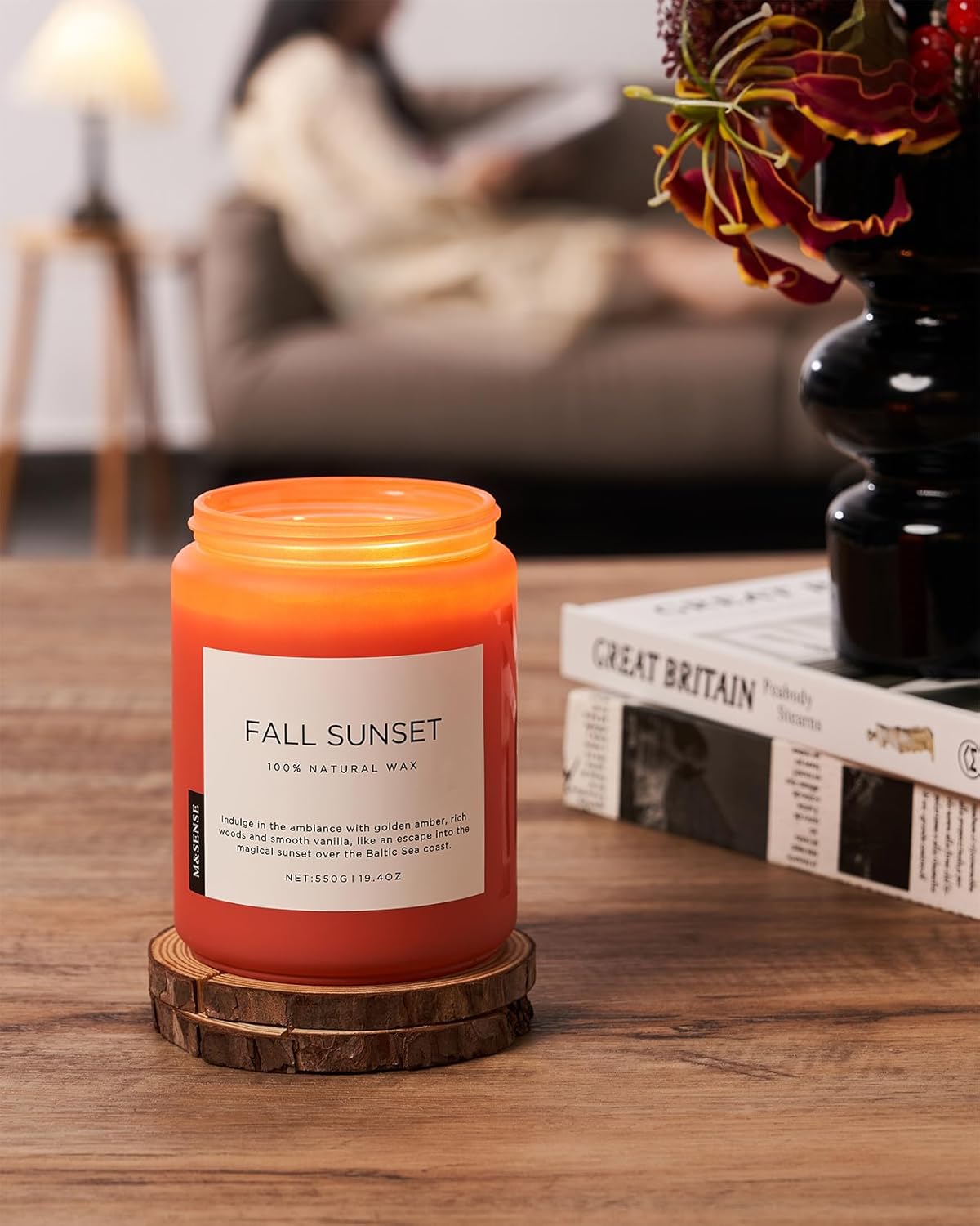 M&SENSE Fall Sunset Amber Scented 19.4oz 110 Hours Long Lasting Slow Burning Candle for
