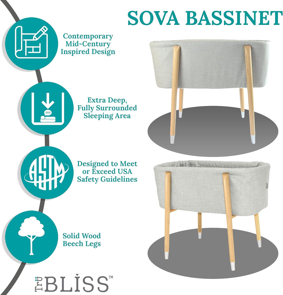 Sova Portable Baby Bassinet, Mid-Century Design with Extra Deep Walls for Newborns and Babies