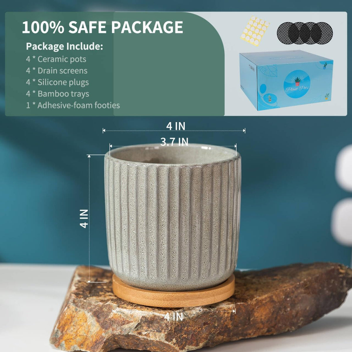 TAMAYKIM 4 Inch Cylinder Ceramic Plant Pots with Drainage Holes & Saucers, Glazed Green Grey Small