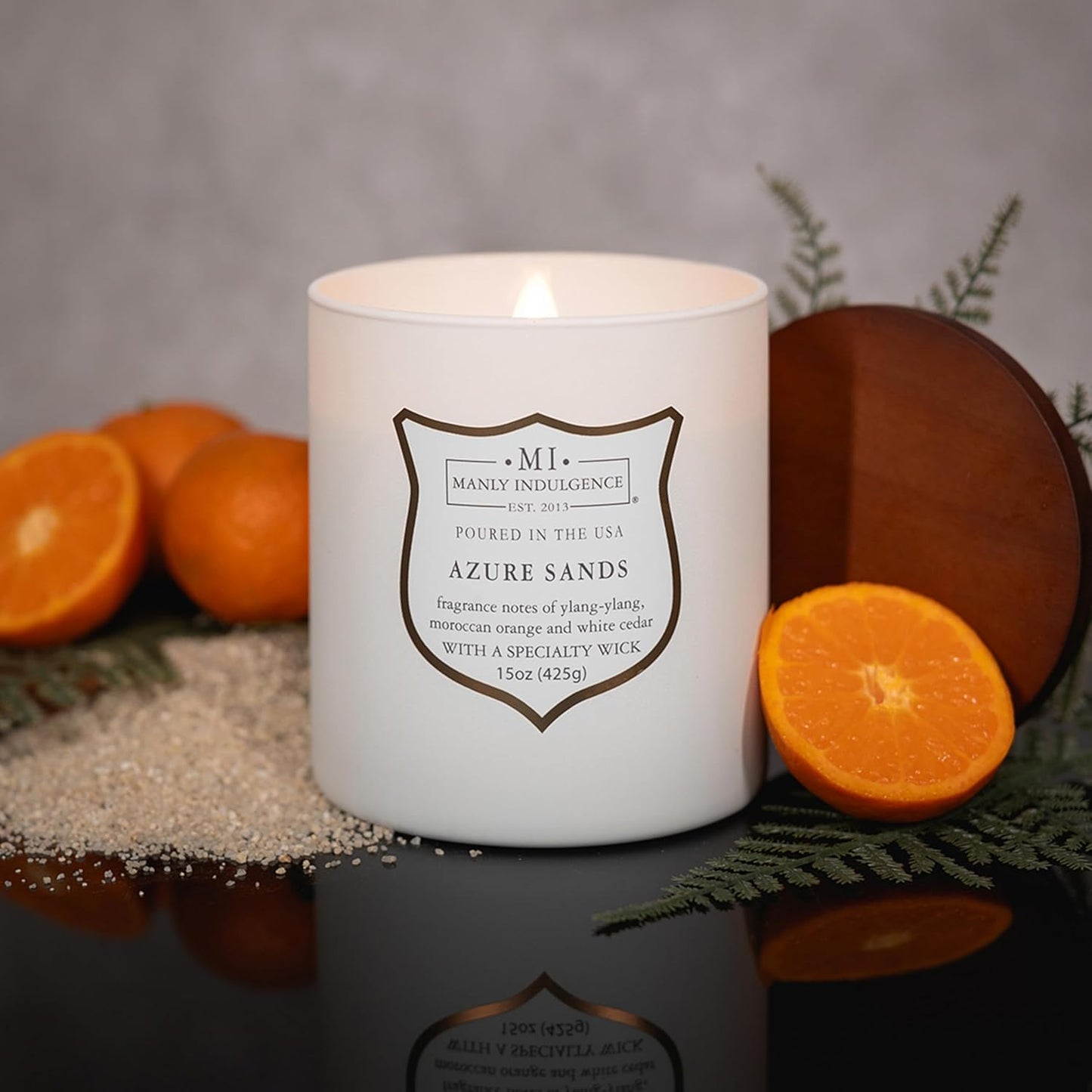 Manly Indulgence Azure Sands Scented Candles for Men, 15 oz Wooden Wick, Premium Soy Blend Wax, 60H