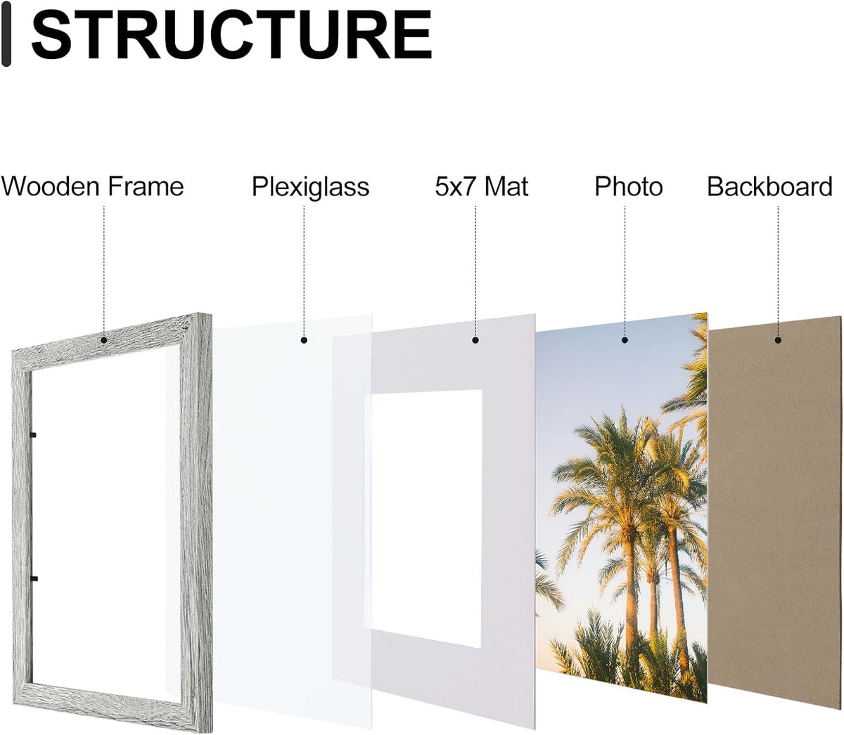 Vittanly 8x10 Picture Frames Set of 9, Shatter Resistant Plexiglass, Display 5x7 Pictures with Mat