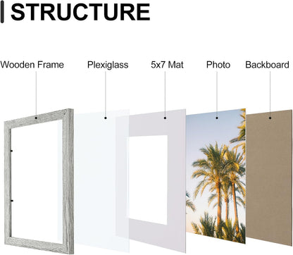 Vittanly 8x10 Picture Frames Set of 9, Shatter Resistant Plexiglass, Display 5x7 Pictures with Mat