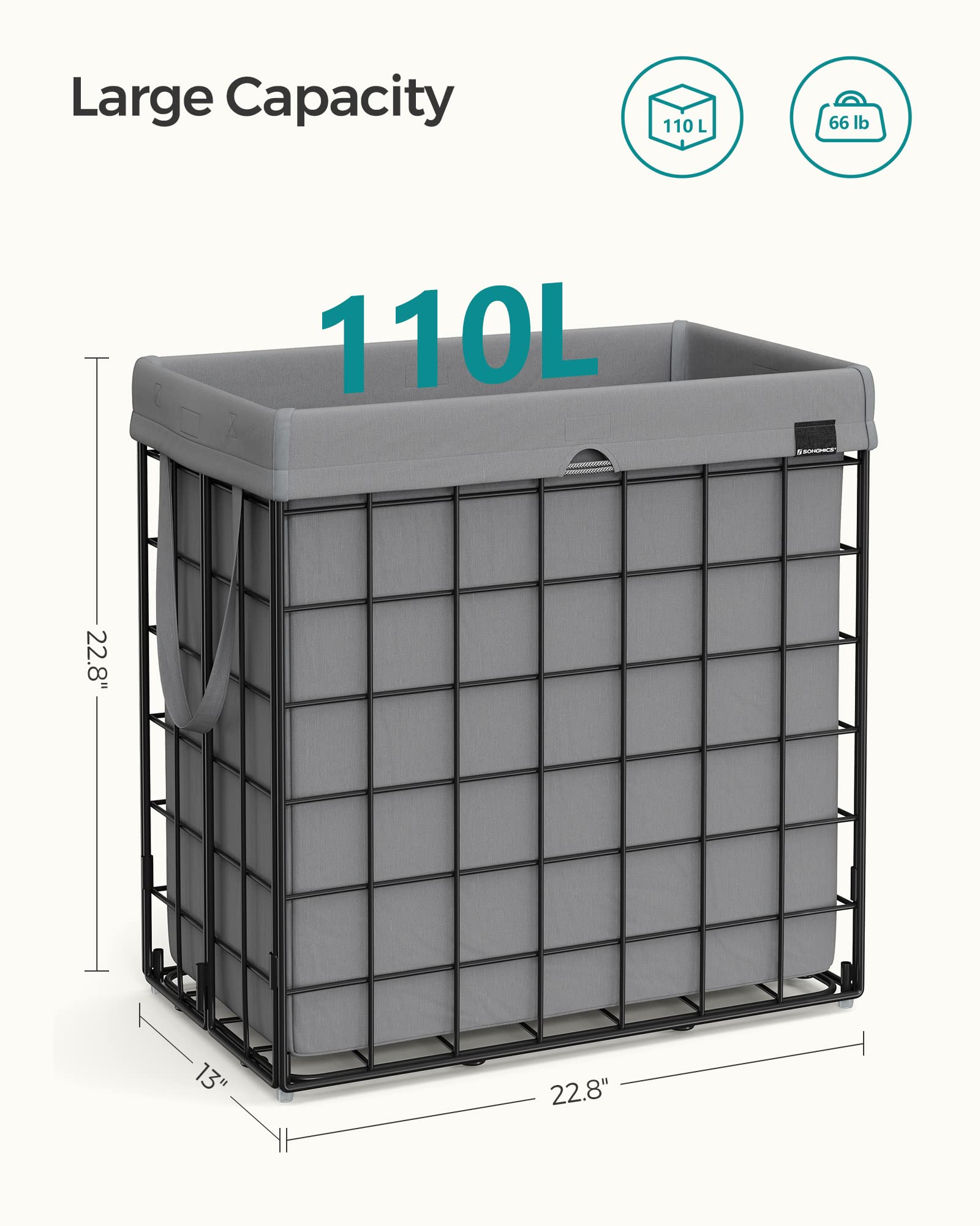 SONGMICS 29 Gal. (110L) Laundry Basket, Laundry Hamper, Collapsible Clothes Hamper, Removable and
