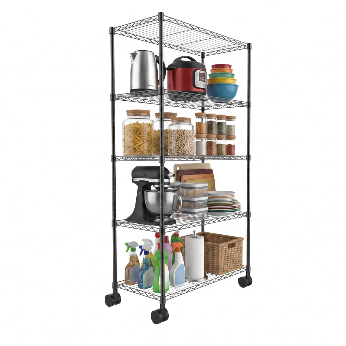 Whitmor 5 Tier Storage Shelves, Adjustable Metal Shelving with Wheels, 200 lbs Capacity per Shelf
