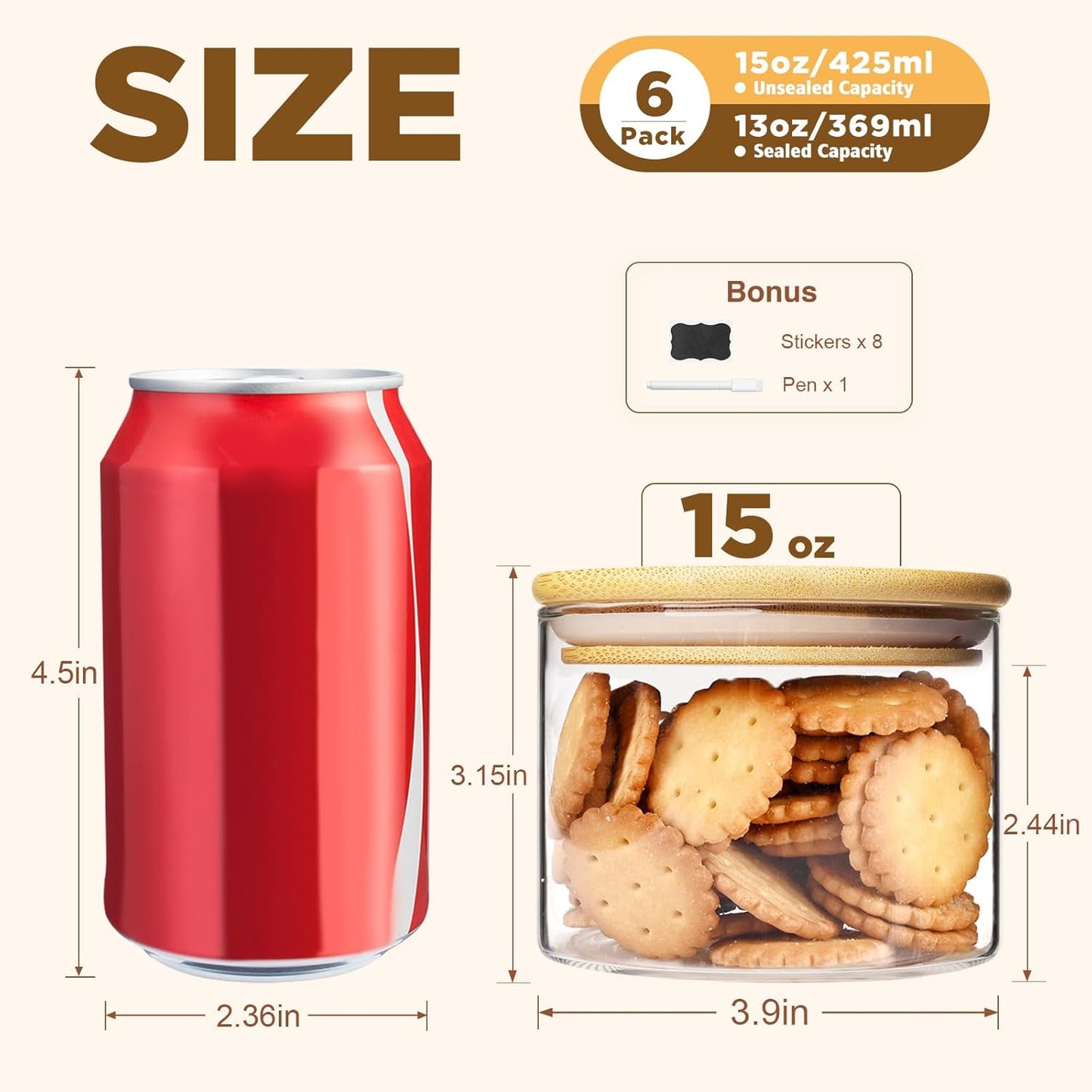 15oz Glass Food Storage Jars, Glass Jars with Bamboo Lids, Kitchen Storage Jars, Set of 6