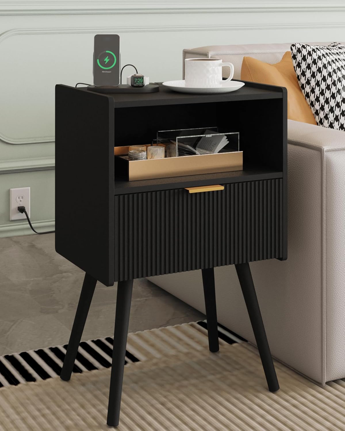 Nightstand,Modern Bedside Table with Storage Drawer and Open Wood Shelf, Accent Night Stand with