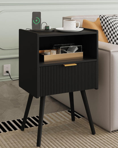 Nightstand,Modern Bedside Table with Storage Drawer and Open Wood Shelf, Accent Night Stand with