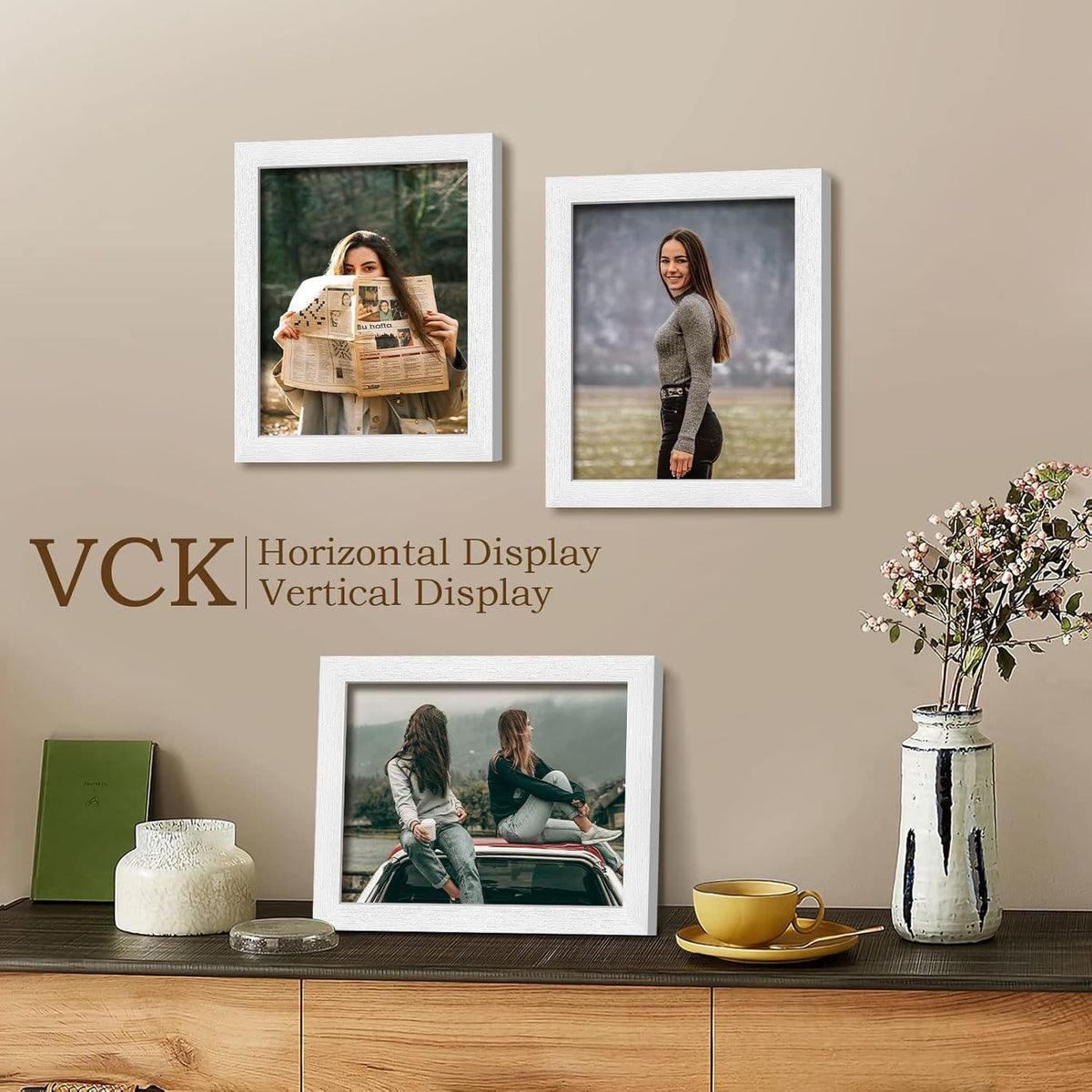 VCK 8x10 Picture Frames Set of 3, White Solid Wood Picture Frame, Textured Exclusive Wall Gallery