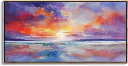 DUNHUANG ART Vibrant Ocean Sunset Canvas Wall Art - Beach Decor & Sunrise Poster - Red Scenery