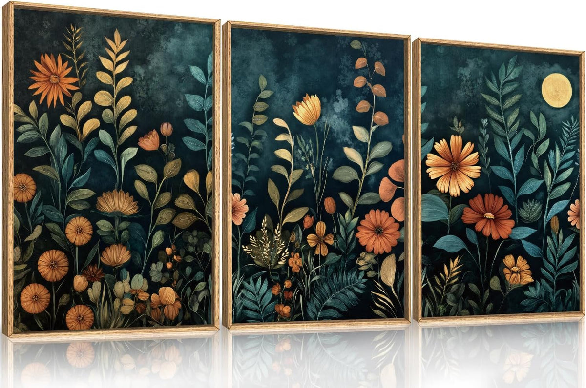 Vintage Dark Botanical Framed Canvas Wall Art Set, Colorful Floral Wall Decor, Nature Wildflower