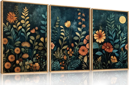 Vintage Dark Botanical Framed Canvas Wall Art Set, Colorful Floral Wall Decor, Nature Wildflower
