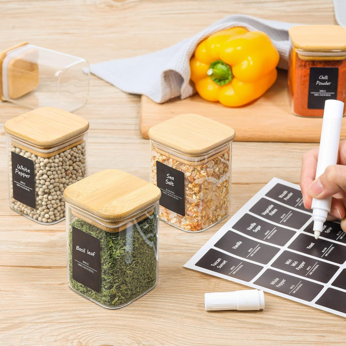 ComSaf 6Pcs 6 oz Spice Jars with Label Trial Set, Glass Spice Jars with Bamboo Lids Supplementary